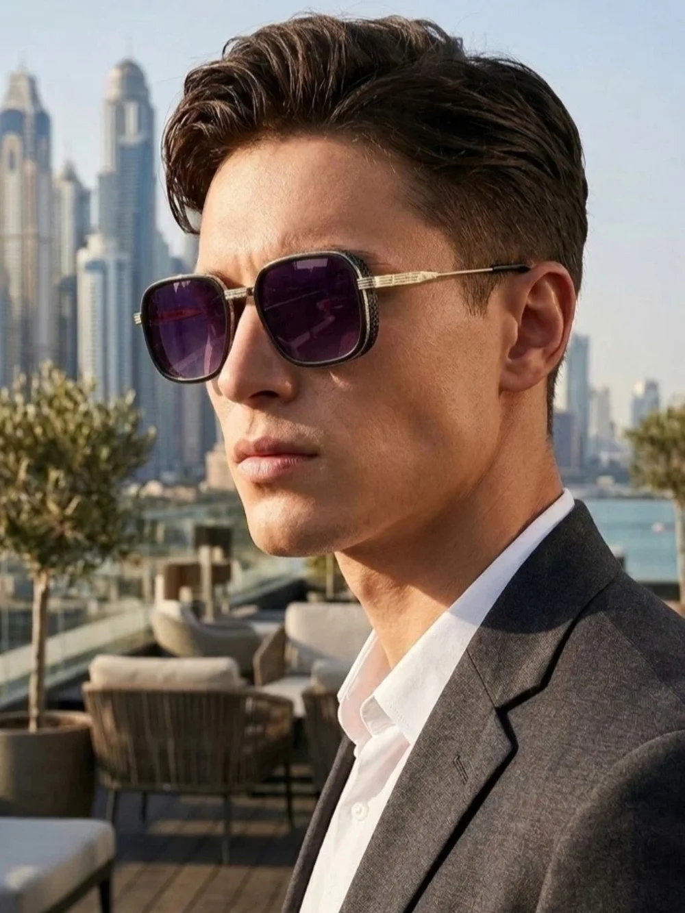 Gold Frame Sunglasses with Purple Lenses - Stylish Grooming Accessory